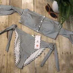 Green and white stripe off the shoulder bikini